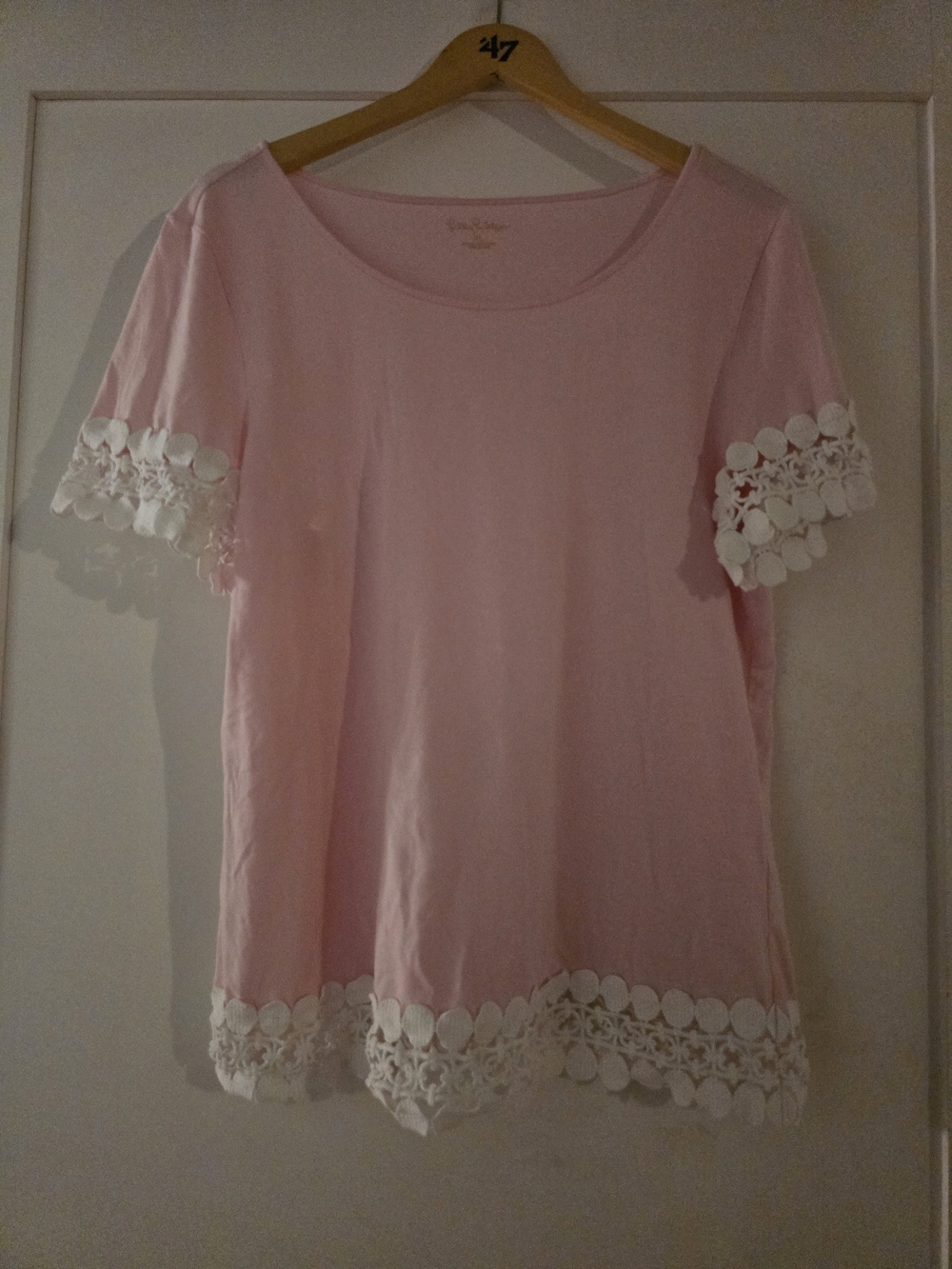 Lilly Pulitzer Light Pink Short Sleeve Tee with White Lace Trim